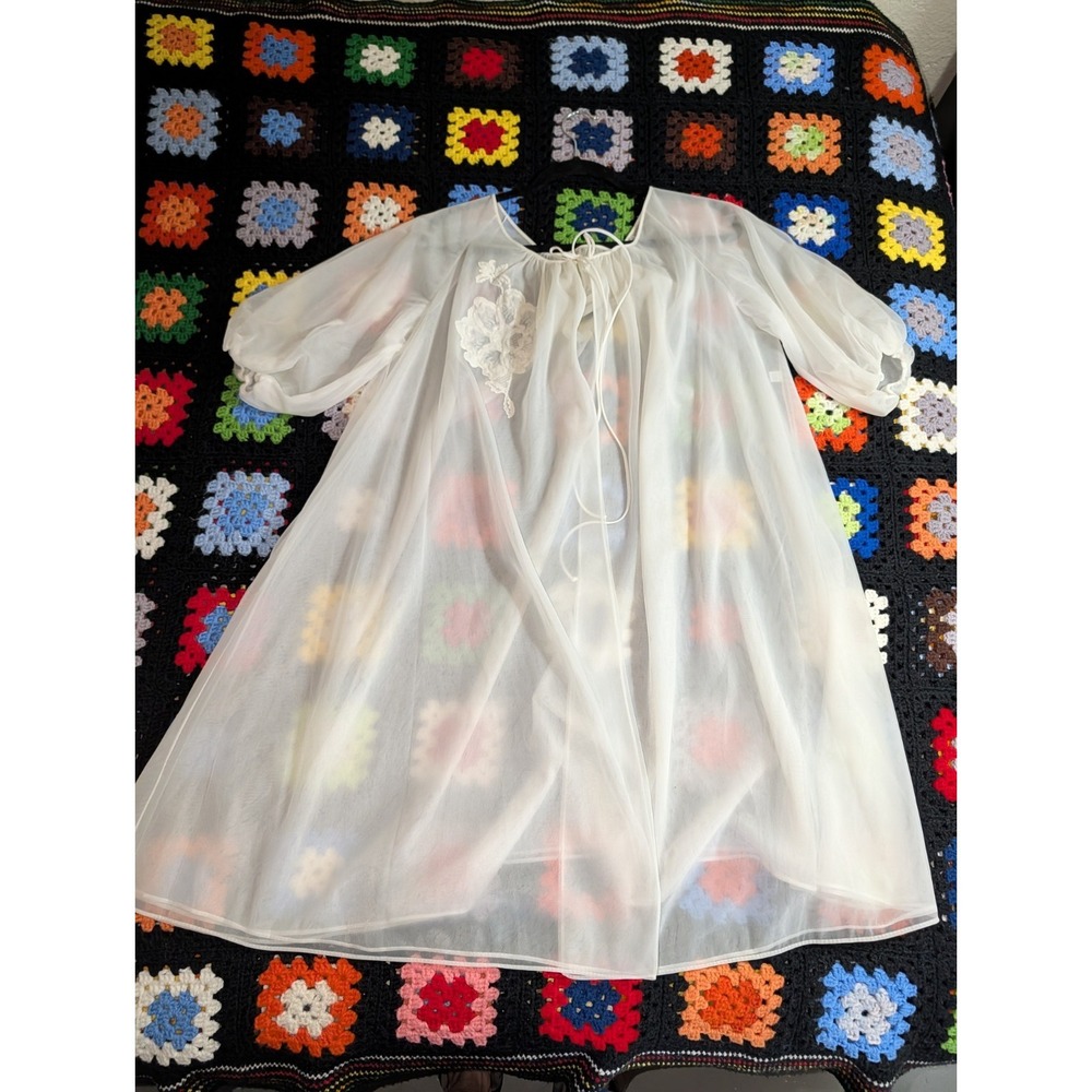 Vintage Babydoll White Robe 1960's VANITY FAIR Long Chiffon Sheer Size Small
